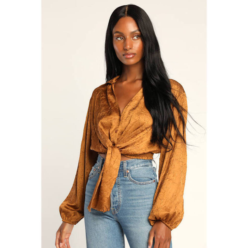 Lulus Right On Tie Copper Crinkle Satin Tie-front Balloon Sleeve Top